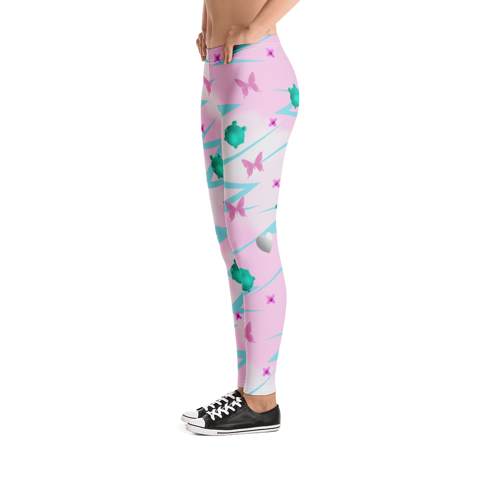 Women's Harajuku Fairy Kei gym or fashion leggings in pink with a blue lightning pattern, turquoise frogs, pink butterflies, silver hearts and pink flowers on this Yume Kawaii aesthetic fashion for festivals, streetwear fashion, gym or running tights by BillingtonPix