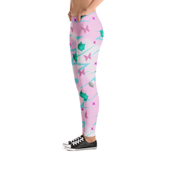 Women's Harajuku Fairy Kei gym or fashion leggings in pink with a blue lightning pattern, turquoise frogs, pink butterflies, silver hearts and pink flowers on this Yume Kawaii aesthetic fashion for festivals, streetwear fashion, gym or running tights by BillingtonPix