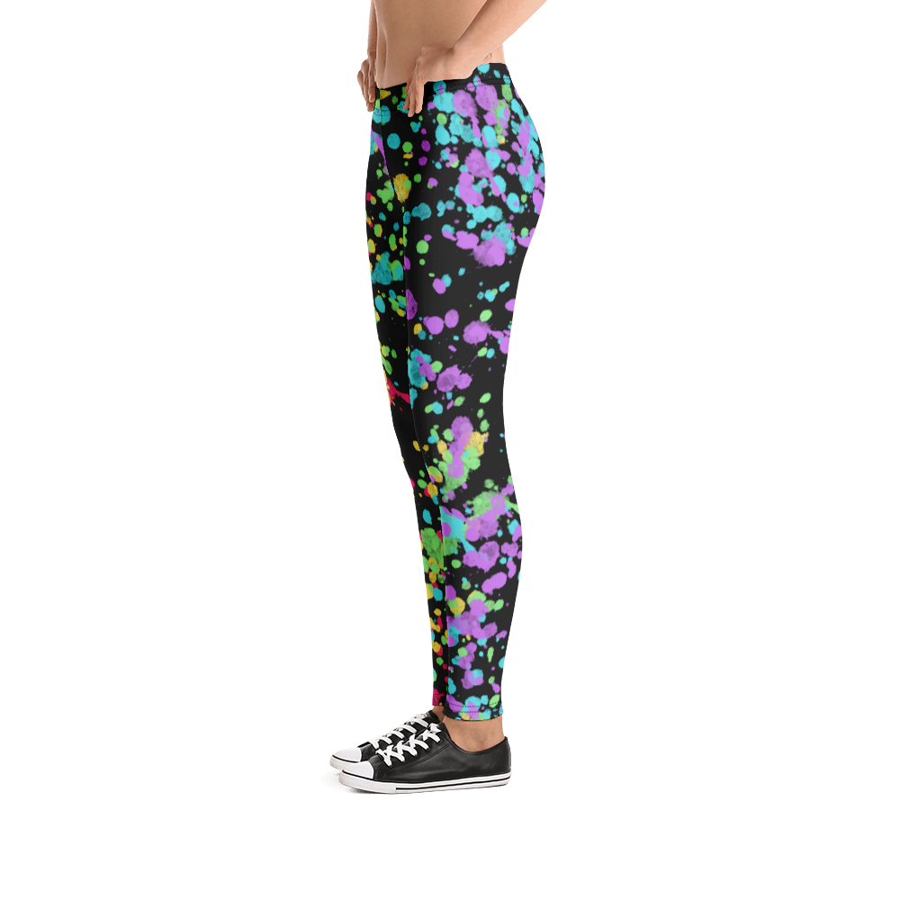 LGBTQ Gay Pride Rainbow Flag ink splats gym leggings for women with red, yellow, blue., green and purple splatters against a black background on these unique and best running tights, Gay Pride and festival leggings for women