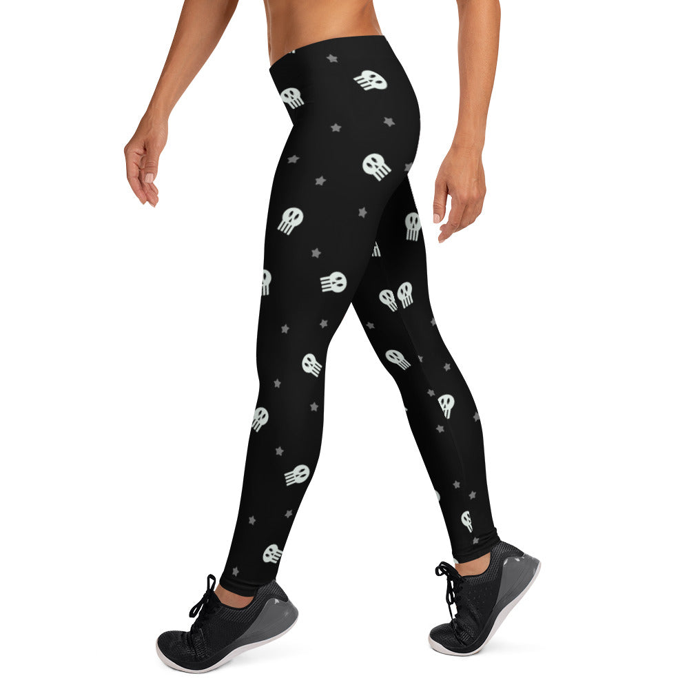 Cute skull leggings for Halloween. Black leggings for women with skulls and stars. Spooky gym leggings in a cute and spooky pattern by BillingtonPix