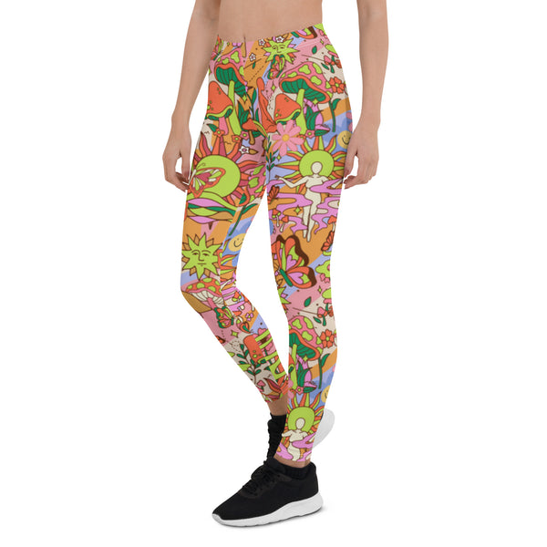 Groovy 70s Style Leggings | Kawaii Flower Power Compression Pants | Yume Kawaii Harajuku Fashion Leggings | Rave Outfit Festival Leggings, flowers, mushrooms, buddha, shrines, hippie leggins for women