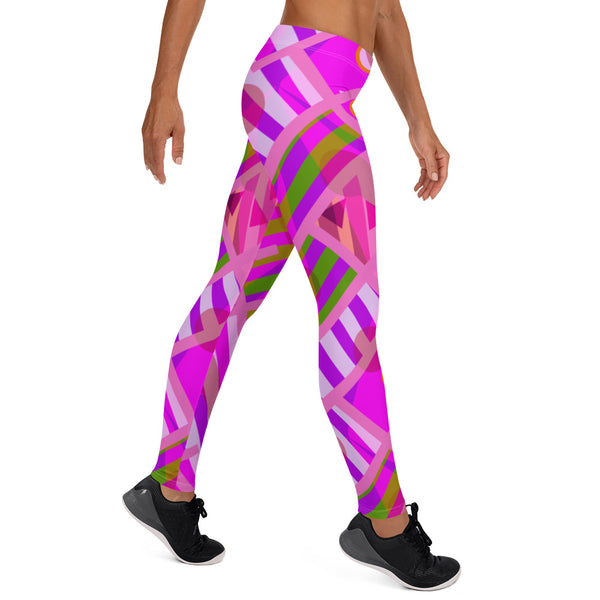 Stylish retro style patterned leggings for women with an 80s Memphis geometric design in tones of pink, purple and green with a kawaii Harajuku vibe by BillingtonPix