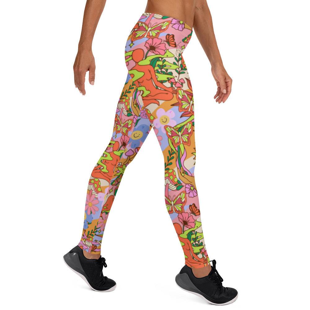 Groovy 70s Style Leggings | Kawaii Flower Power Compression Pants | Yume Kawaii Harajuku Fashion Leggings | Rave Outfit Festival Leggings, flowers, mushrooms, buddha, shrines, hippie leggins for women