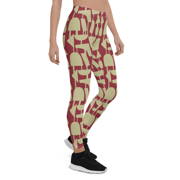  These cheeky, nude-toned and comfortable Mid-Century Modern style leggings / yoga pants consist of a cream colored, abstract geometric shapes against a vermillion red background