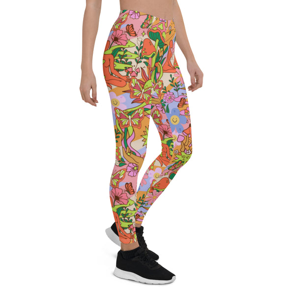 Groovy 70s Style Leggings | Kawaii Flower Power Compression Pants | Yume Kawaii Harajuku Fashion Leggings | Rave Outfit Festival Leggings, flowers, mushrooms, buddha, shrines, hippie leggins for women