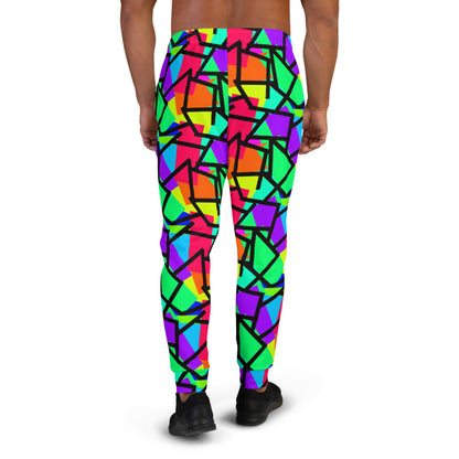 Retro 80s style multicoloured diagonal patterned men's joggers with bold primary colours and a geometric black outline overlay by BillingtonPix