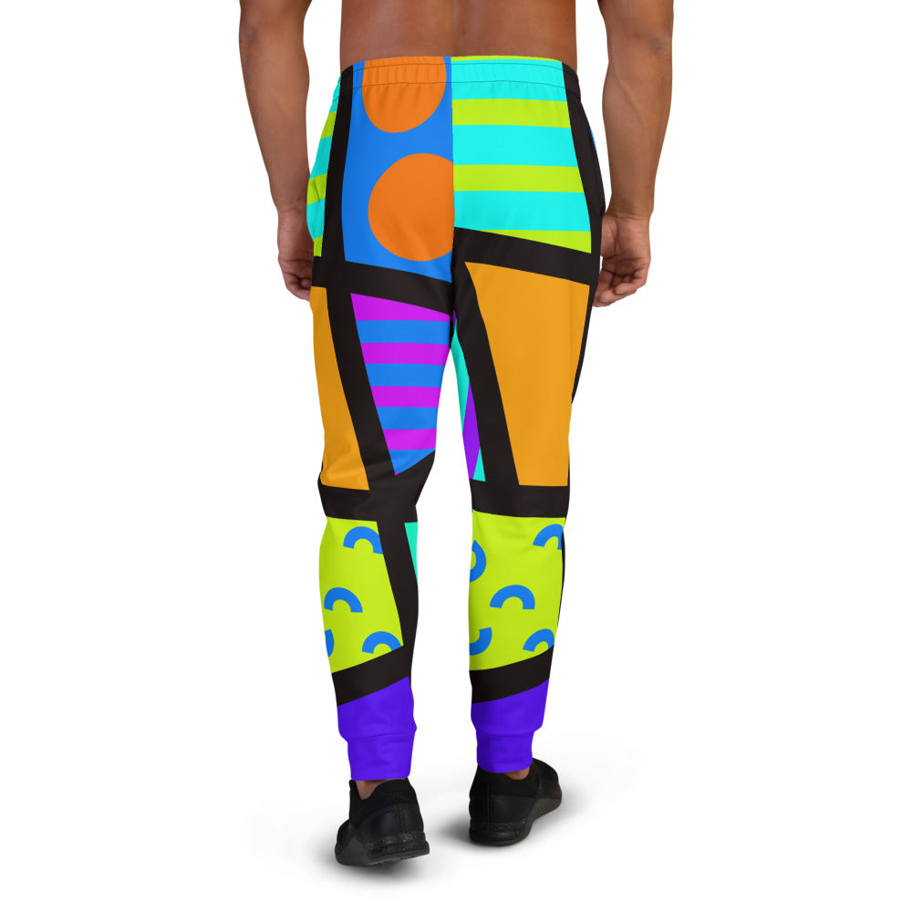 Vibrant 80s Memphis retro style men's joggers in geometric patterns and a black geometric overlay by BillingtonPix