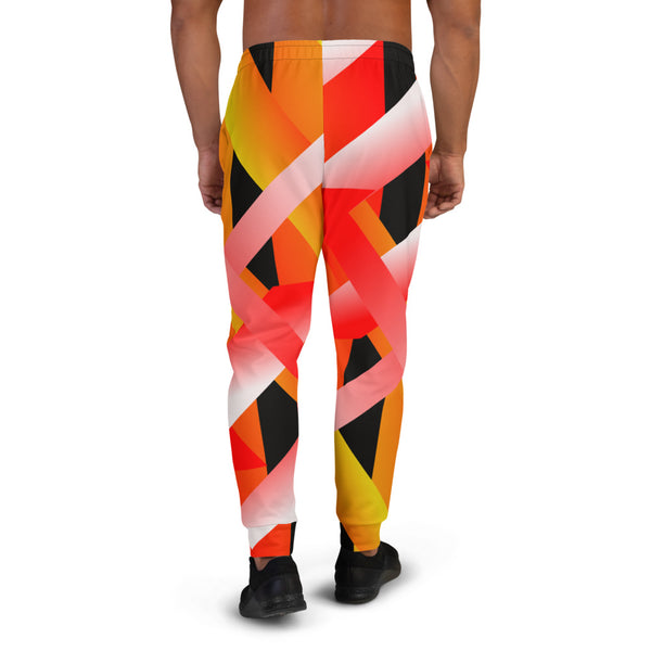 90s retro style men's joggers with a geometric pattern in tones of black, orange, yellow, red and white by BillingtonPix