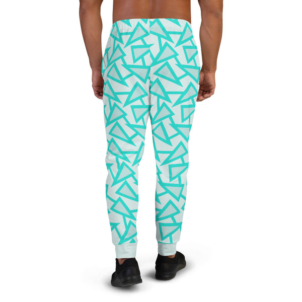 80s Memphis style men's joggers and sweatpants in a retro style geometric all-over pattern in tones of mint, turquoise and pale grey by BillingtonPix