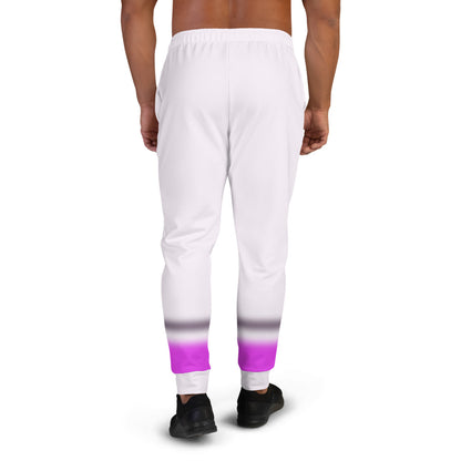 90s Vaporwave style men's joggers in a pale pink colour with blurred stripes of black and deep pink towards the bottom of each leg in this awesome unique design by BillingtonPix