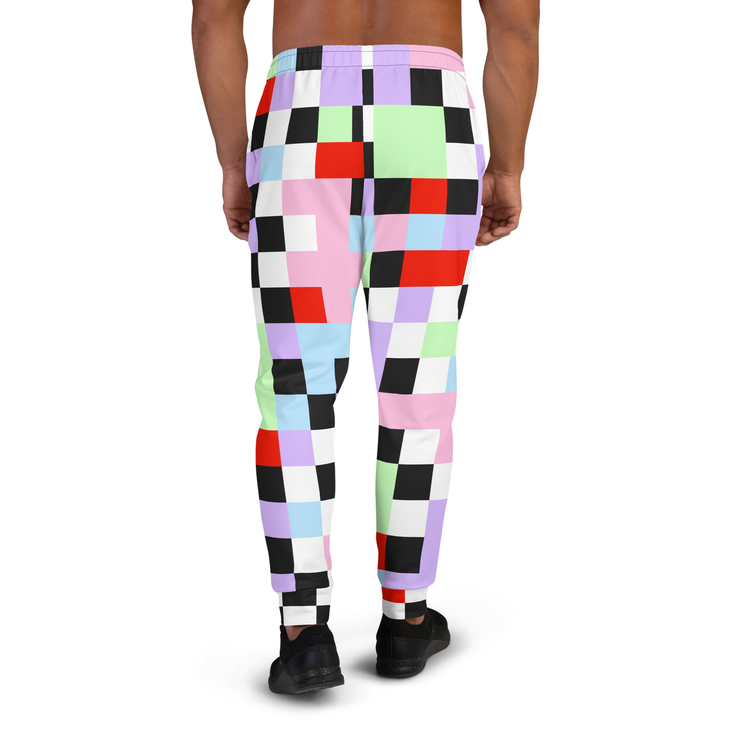 Pastel goth Harajuku themed men's joggers in chequered pattern of purple, green, pink, blue, red, black and white on these tracksuite bottoms by BillingtonPix