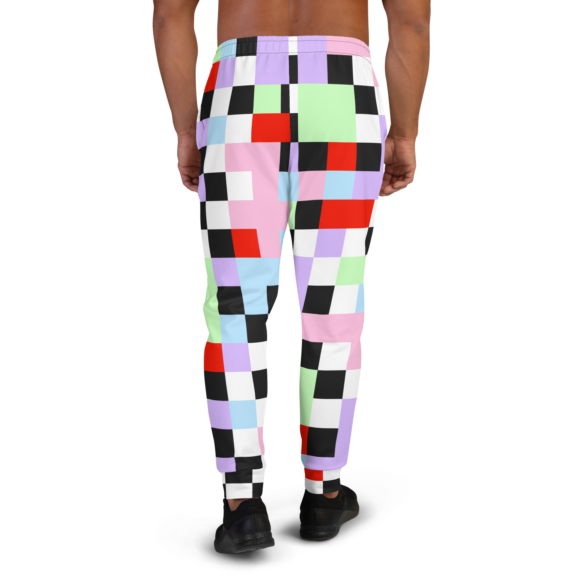 Pastel goth Harajuku themed men's joggers in chequered pattern of purple, green, pink, blue, red, black and white on these tracksuite bottoms by BillingtonPix