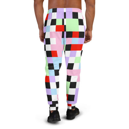 Pastel goth Harajuku themed men's joggers in chequered pattern of purple, green, pink, blue, red, black and white on these tracksuite bottoms by BillingtonPix