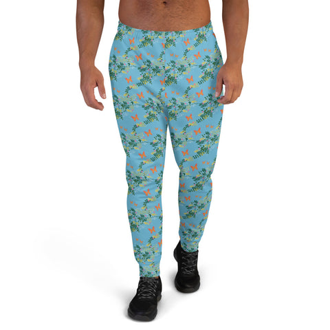 Traditional English Cottagecore patterned design featuring orange butterflies, leaves and flowers on this all-over print men's joggers and sweatpants by BillingtonPix