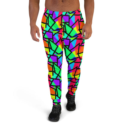 Retro 80s style multicoloured diagonal patterned men's joggers with bold primary colours and a geometric black outline overlay by BillingtonPix