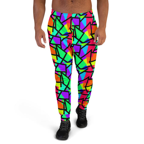 Retro 80s style multicoloured diagonal patterned men's joggers with bold primary colours and a geometric black outline overlay by BillingtonPix