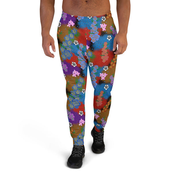 Colourful retro style floral aesthetic with a psychedelic kitsch vibe and grandmacore or cottagecore overtones on these joggers and sweatpants by BillingtonPix