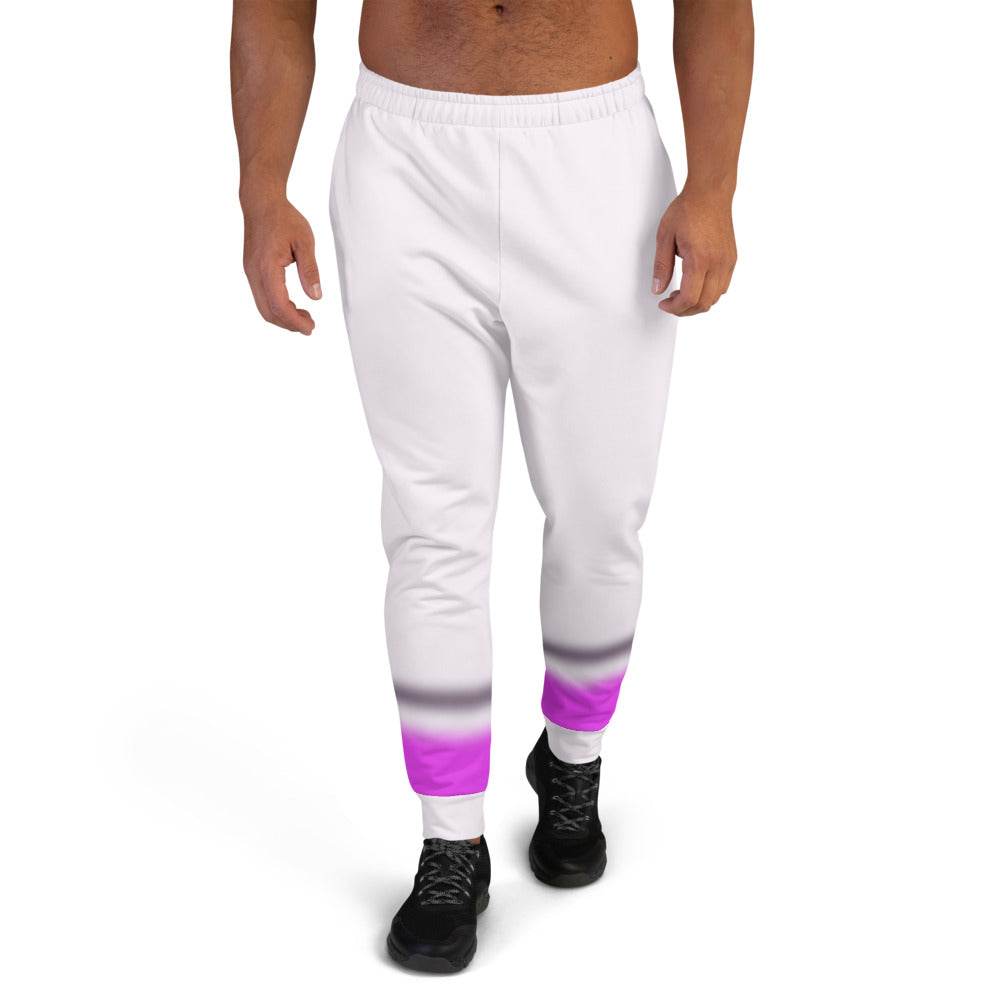 90s Vaporwave style men's joggers in a pale pink colour with blurred stripes of black and deep pink towards the bottom of each leg in this awesome unique design by BillingtonPix