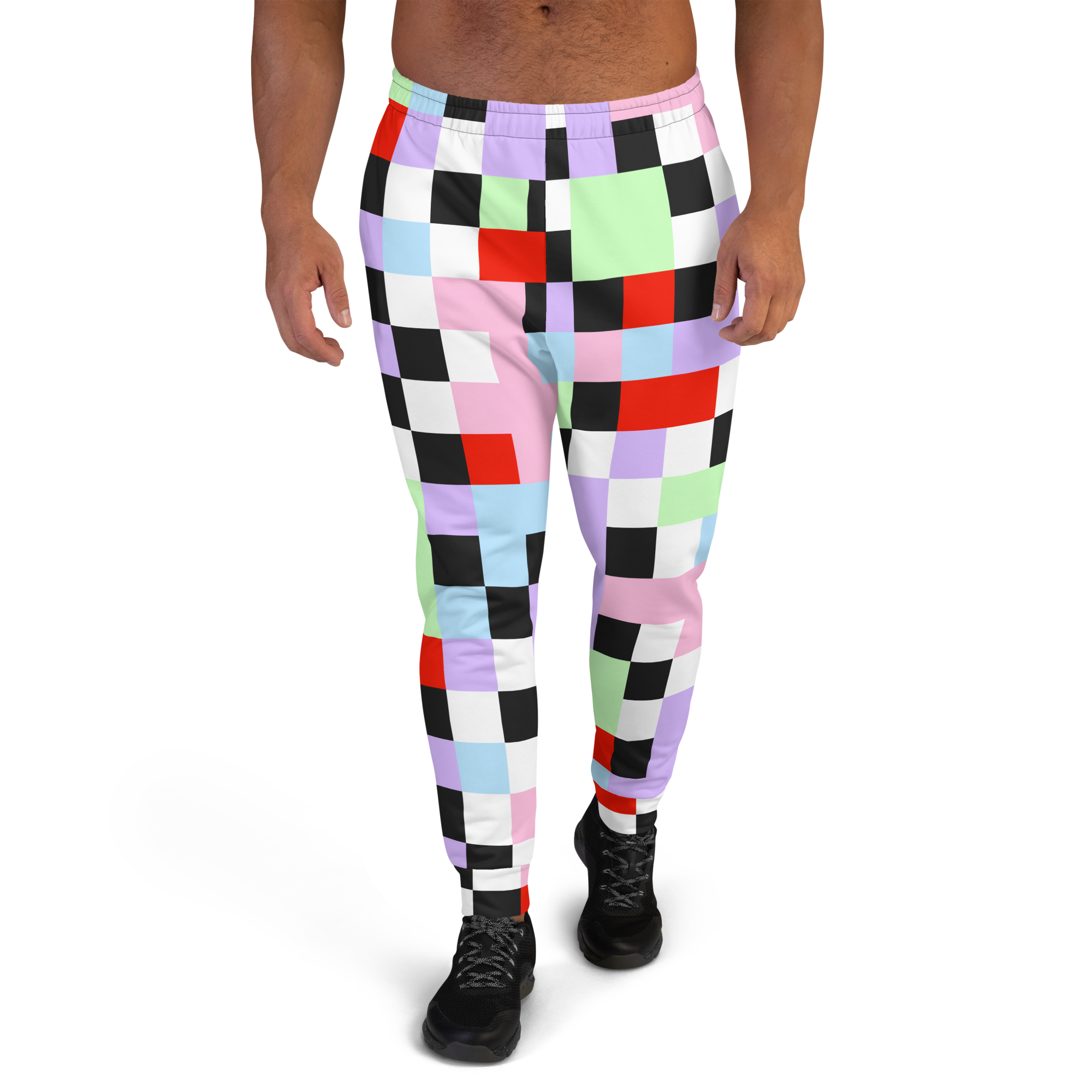 Pastel goth Harajuku themed men's joggers in chequered pattern of purple, green, pink, blue, red, black and white on these tracksuite bottoms by BillingtonPix