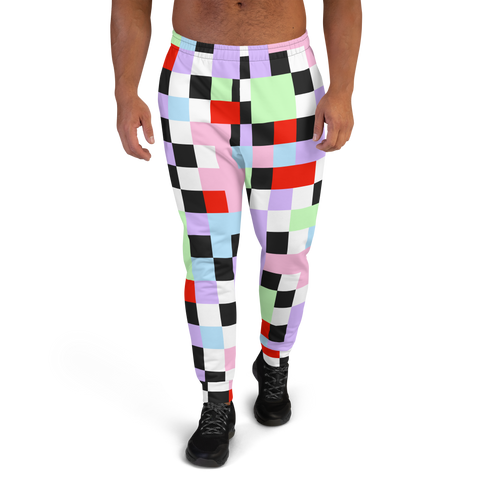Pastel goth Harajuku themed men's joggers in chequered pattern of purple, green, pink, blue, red, black and white on these tracksuite bottoms by BillingtonPix