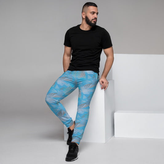 90s retro blue, grey, turquoise and white geometric patterned men's joggers by BillingtonPix