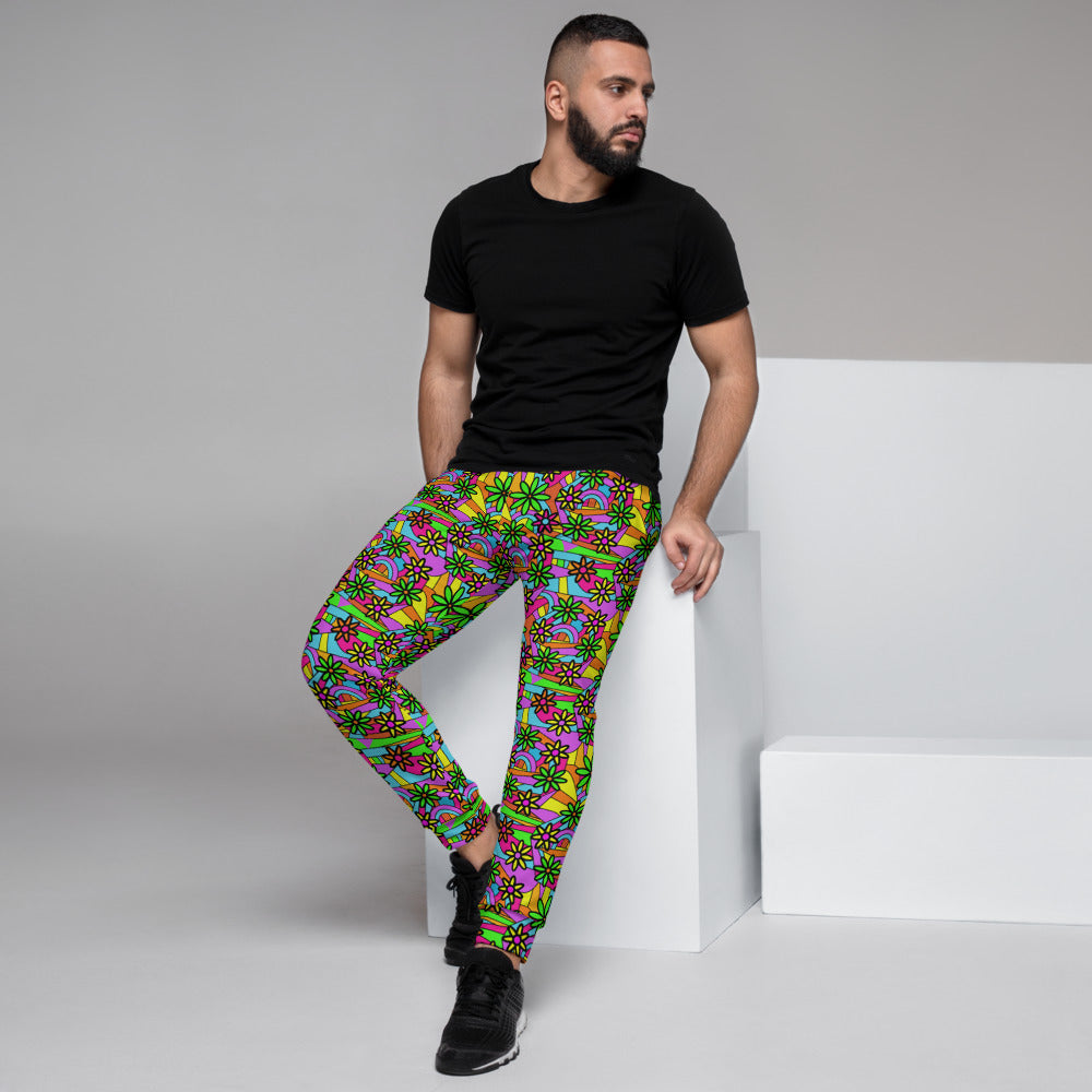 60s style flower power design in bright multicolours containing flowers, stripes and curves on these joggers by BillingtonPix