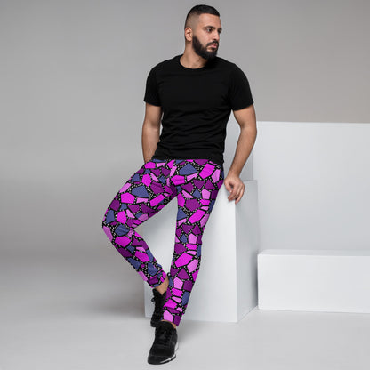 Vibrant 90s style colourful tones and geometric shapes with white dots on a black background on these cotton joggers for lounging, jogging, squatting, streetwear fashion by BillingtonPix