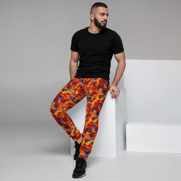 90s style geometric pattern and colour tones of purple, yellow, red and orange men's cotton joggers by BillingtonPix for jogging, lounging at home or streetwear.