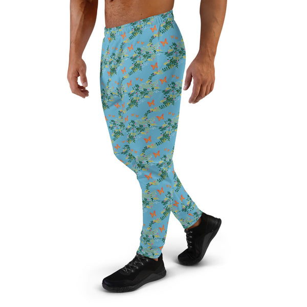 Traditional English Cottagecore patterned design featuring orange butterflies, leaves and flowers on this all-over print men's joggers and sweatpants by BillingtonPix
