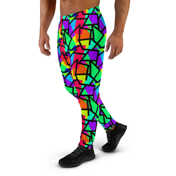 Retro 80s style multicoloured diagonal patterned men's joggers with bold primary colours and a geometric black outline overlay by BillingtonPix