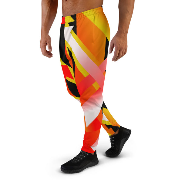 90s retro style men's joggers with a geometric pattern in tones of black, orange, yellow, red and white by BillingtonPix