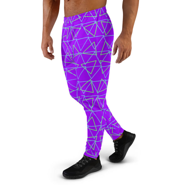 Synthwave blue and green neonwave style triangles against a vivid purple background on our men's joggers and sweatpants by BillingtonPix