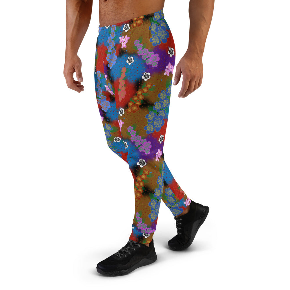 Colourful retro style floral aesthetic with a psychedelic kitsch vibe and grandmacore or cottagecore overtones on these joggers and sweatpants by BillingtonPix