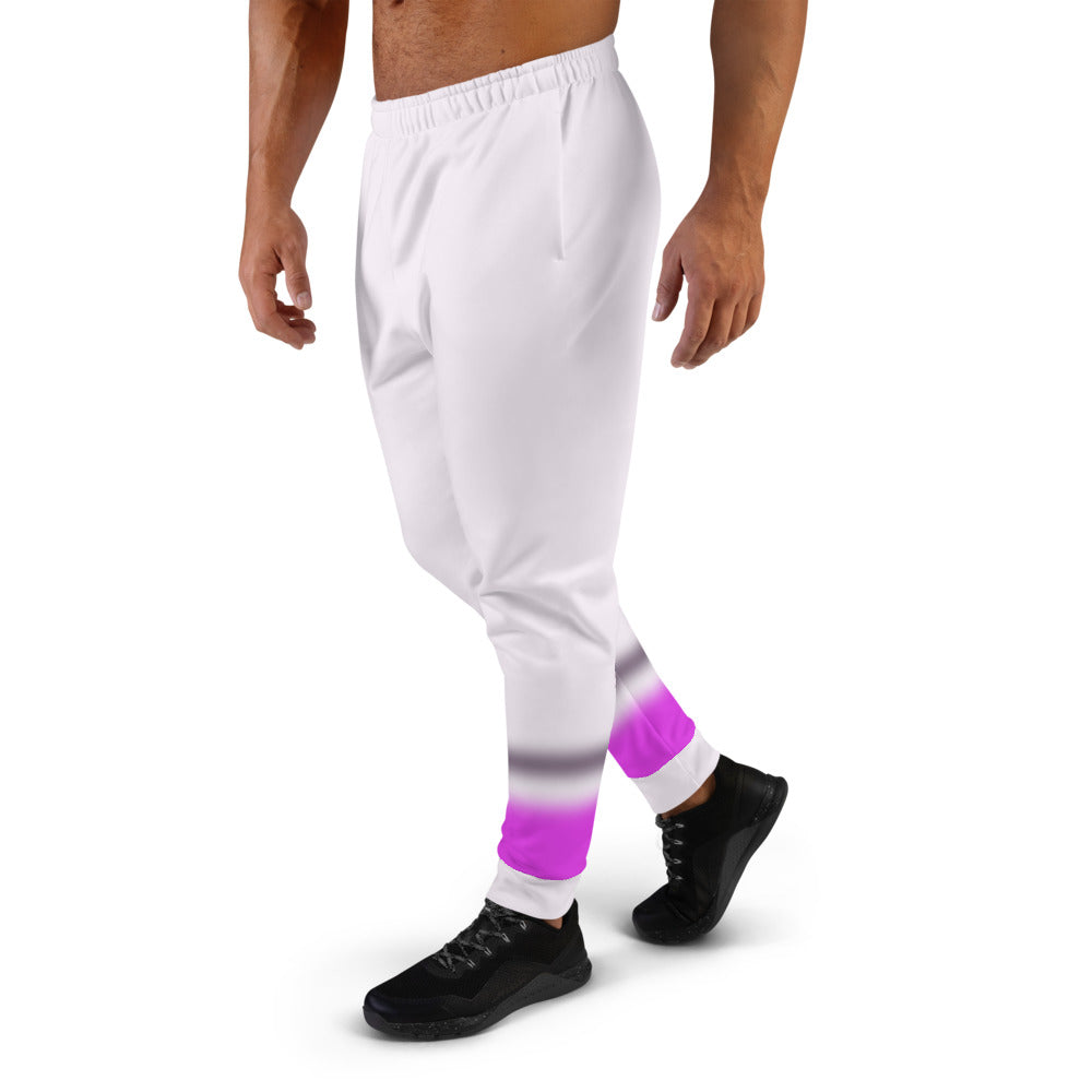 90s Vaporwave style men's joggers in a pale pink colour with blurred stripes of black and deep pink towards the bottom of each leg in this awesome unique design by BillingtonPix