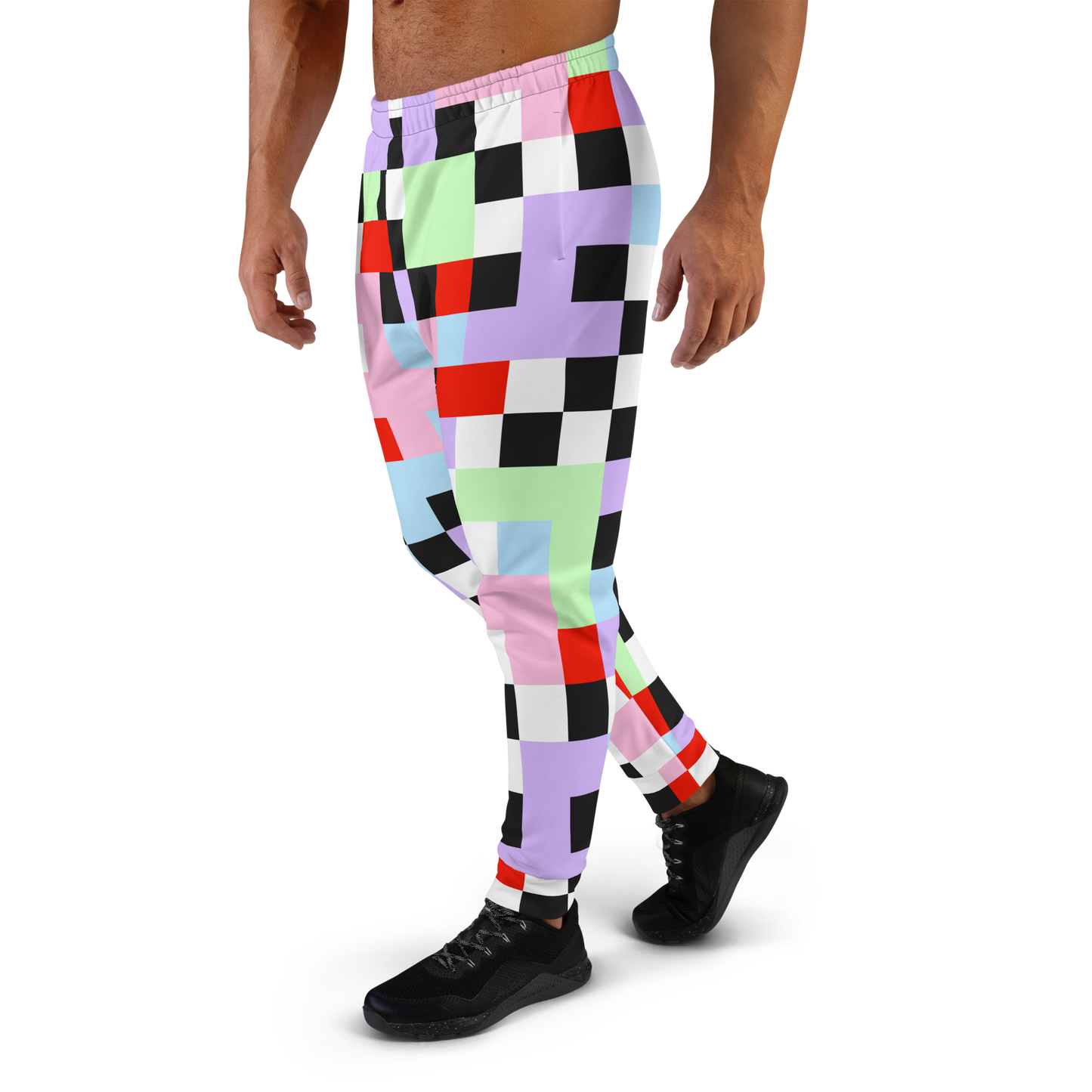 Pastel goth Harajuku themed men's joggers in chequered pattern of purple, green, pink, blue, red, black and white on these tracksuite bottoms by BillingtonPix