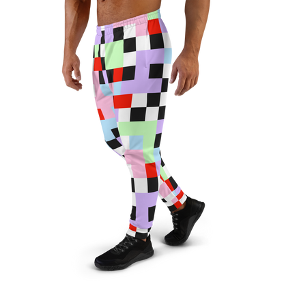 Pastel goth Harajuku themed men's joggers in chequered pattern of purple, green, pink, blue, red, black and white on these tracksuite bottoms by BillingtonPix