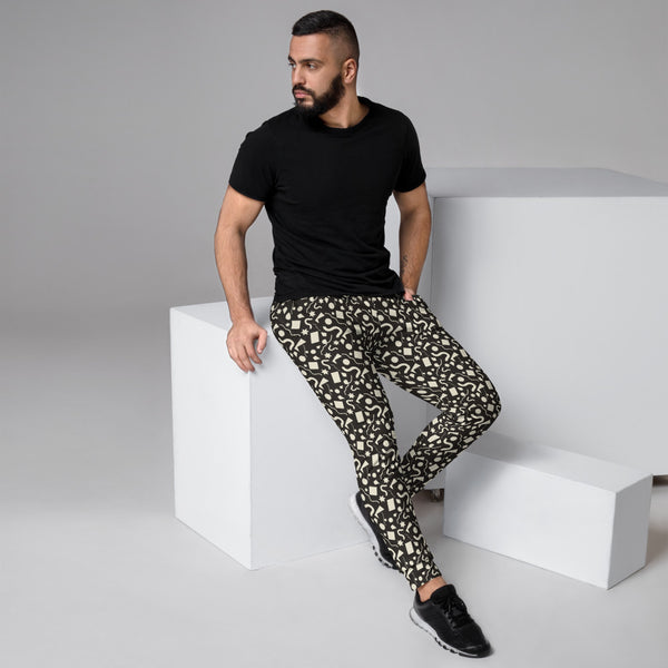 Almost black and white 90s Memphis style small geometric patterned men's joggers for loungewear, streetstyle fashion or gym by BillingtonPix