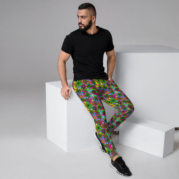 60s style flower power design in bright multicolours containing flowers, stripes and curves on these joggers by BillingtonPix