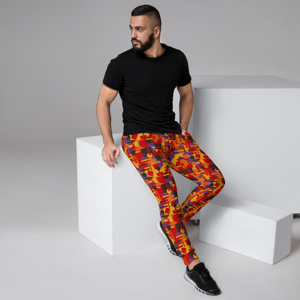 90s style geometric pattern and colour tones of purple, yellow, red and orange men's cotton joggers by BillingtonPix for jogging, lounging at home or streetwear.