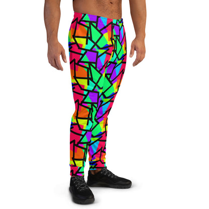 Retro 80s style multicoloured diagonal patterned men's joggers with bold primary colours and a geometric black outline overlay by BillingtonPix