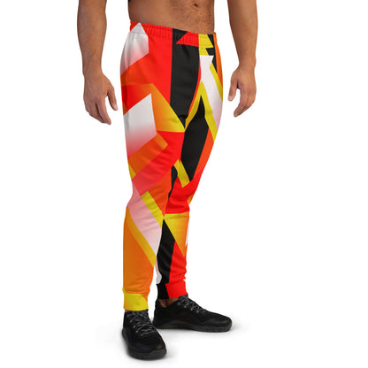 90s retro style men's joggers with a geometric pattern in tones of black, orange, yellow, red and white by BillingtonPix