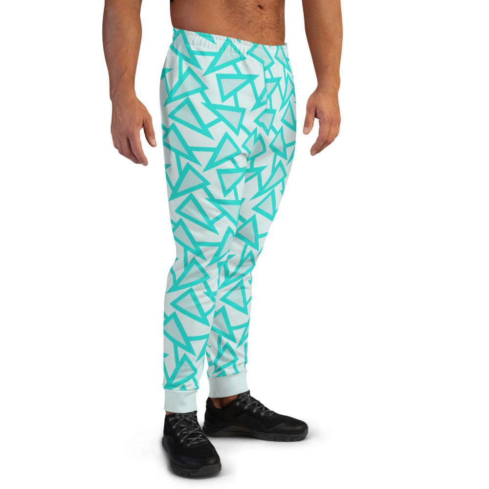 80s Memphis style men's joggers and sweatpants in a retro style geometric all-over pattern in tones of mint, turquoise and pale grey by BillingtonPix