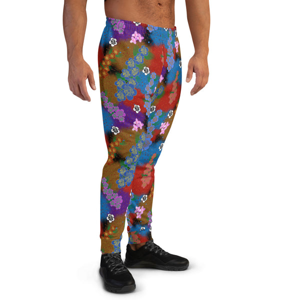 Colourful retro style floral aesthetic with a psychedelic kitsch vibe and grandmacore or cottagecore overtones on these joggers and sweatpants by BillingtonPix