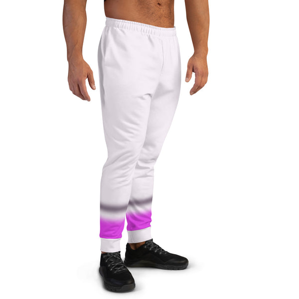 90s Vaporwave style men's joggers in a pale pink colour with blurred stripes of black and deep pink towards the bottom of each leg in this awesome unique design by BillingtonPix