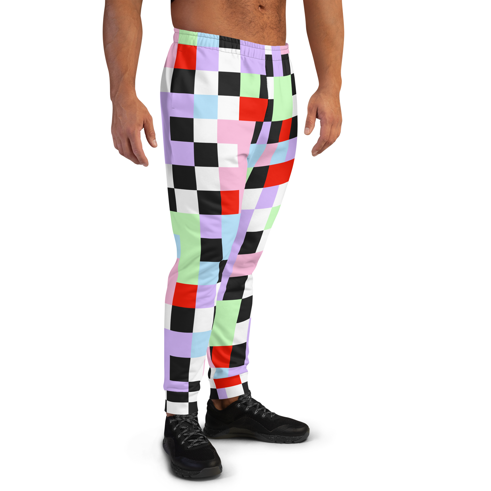 Pastel goth Harajuku themed men's joggers in chequered pattern of purple, green, pink, blue, red, black and white on these tracksuite bottoms by BillingtonPix