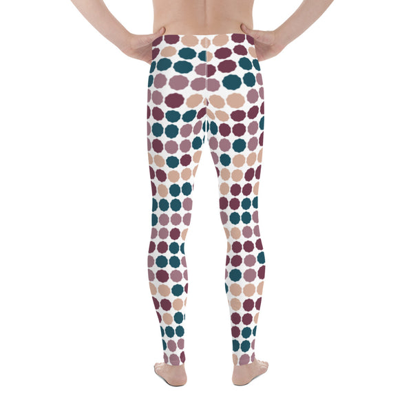 This cheeky, stylish and comfortable, abstract design patterned meggings are entitled Vintage Dot Matrix and consists of a colorful, abstract polka dots in teal, pink putty, crimson, green and cream against a white background