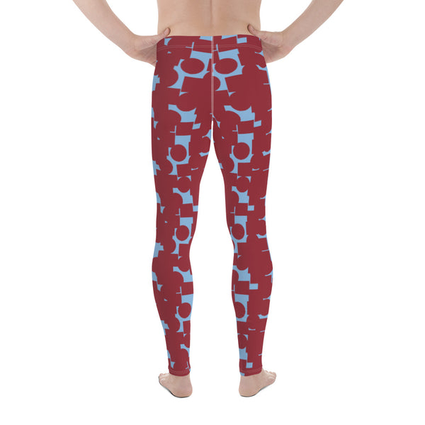 These patterned meggings are from our Crowded Memories collection and consist of a vermilion red abstract geometric pattern against a cerulean blue background.