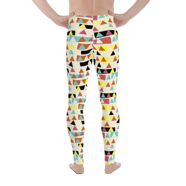 If you like modernist shapes and a geometric abstract pattern background you will love these meggings with their vintage style colours of teal, yellow, burnt orange and black. The patterned retro style design has contrasting triangles within blocks of colour, inside and outside, against a rich cream background