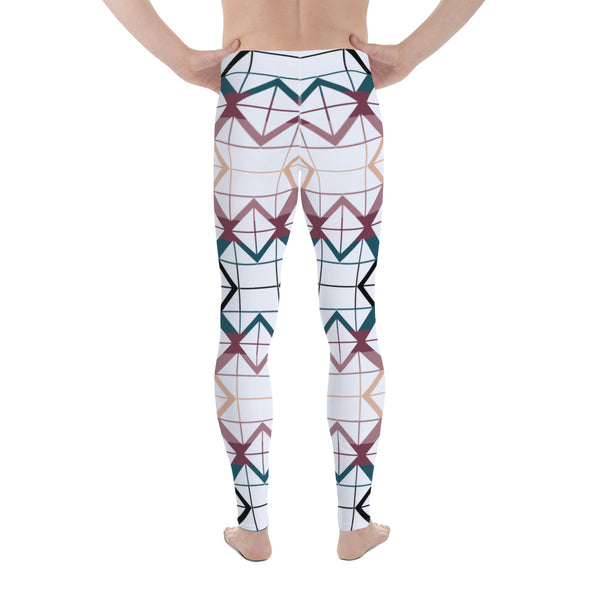 These cheeky, stylish and comfortable, abstract design patterned meggings are entitled Tic-Tac-Toe with white geometric shapes against vintage style colours of teal, crimson and orange