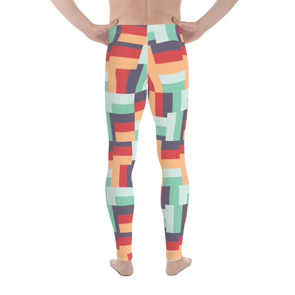 The graphic design printed on these vintage style meggings design consists of geometric blocks of summertime colours  of peach, raspberry, mint and aubergine